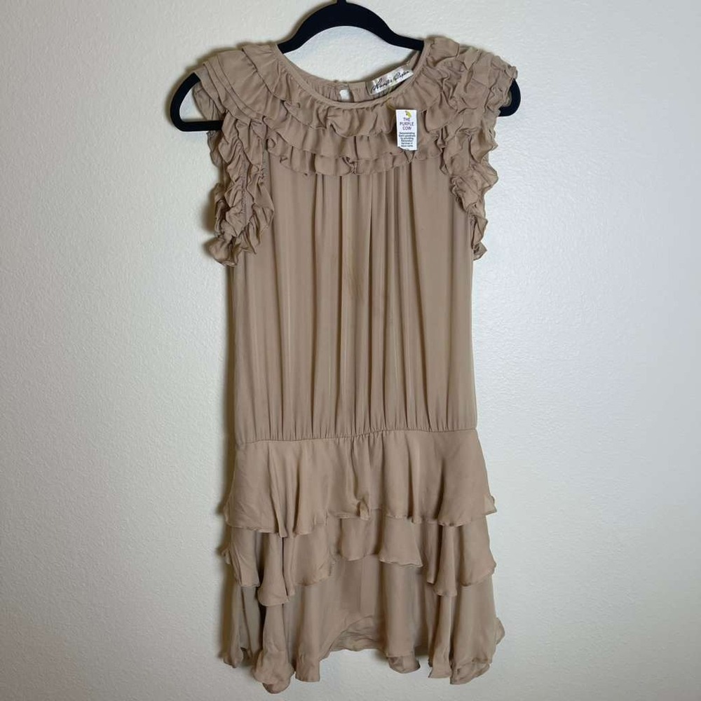Hunter Dixon Womens Tan Ruffle Tiered Drop Waist Mini Dress Beige Silk Small
